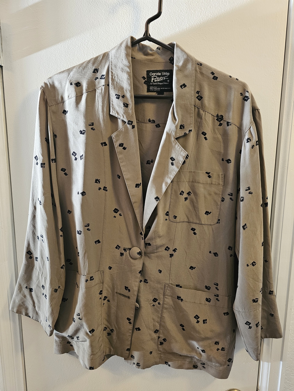 Carole Little Silk Taupe Blouse with Black Print